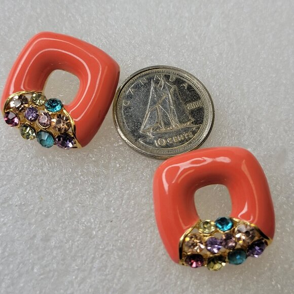 Coral Square Earrings With Colorful Crystals - Picture 4 of 7